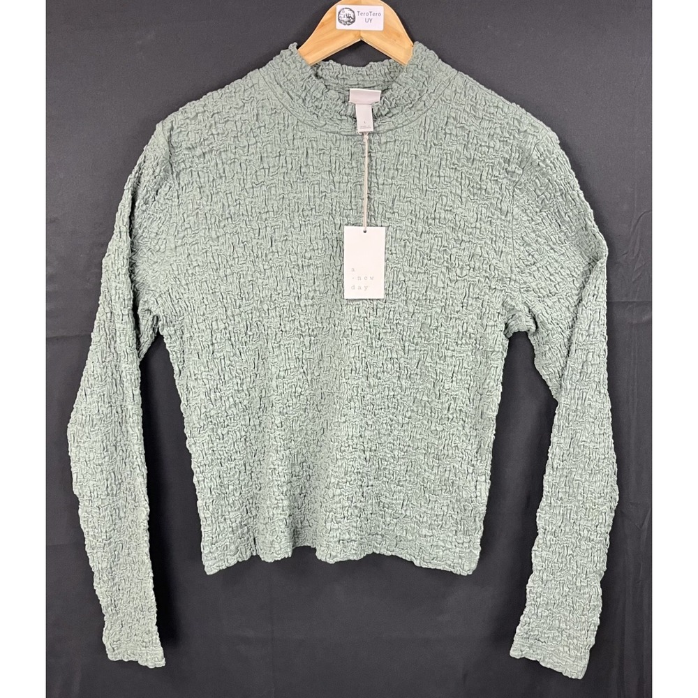 NWT A New Day Women's Grassy Glen Green Textured Seersucker Mock Neck Top Size L